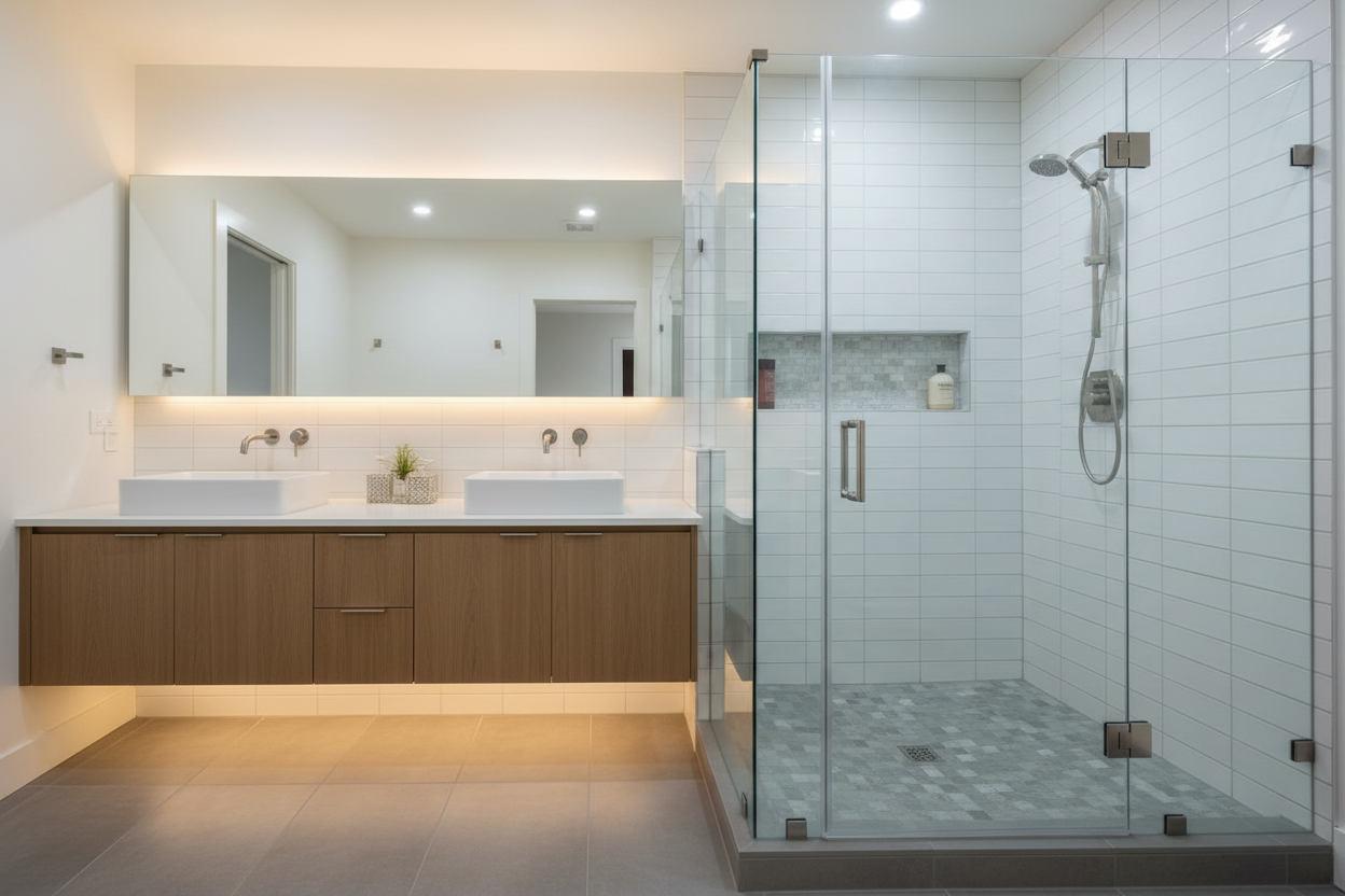 Elegant modern bathroom remodel with walk-in tiled shower and floating vanity